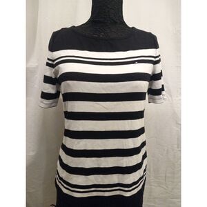 Tommy Hilfiger Women black White Stripe Shortsleeve Cotton Top‎ Size Large